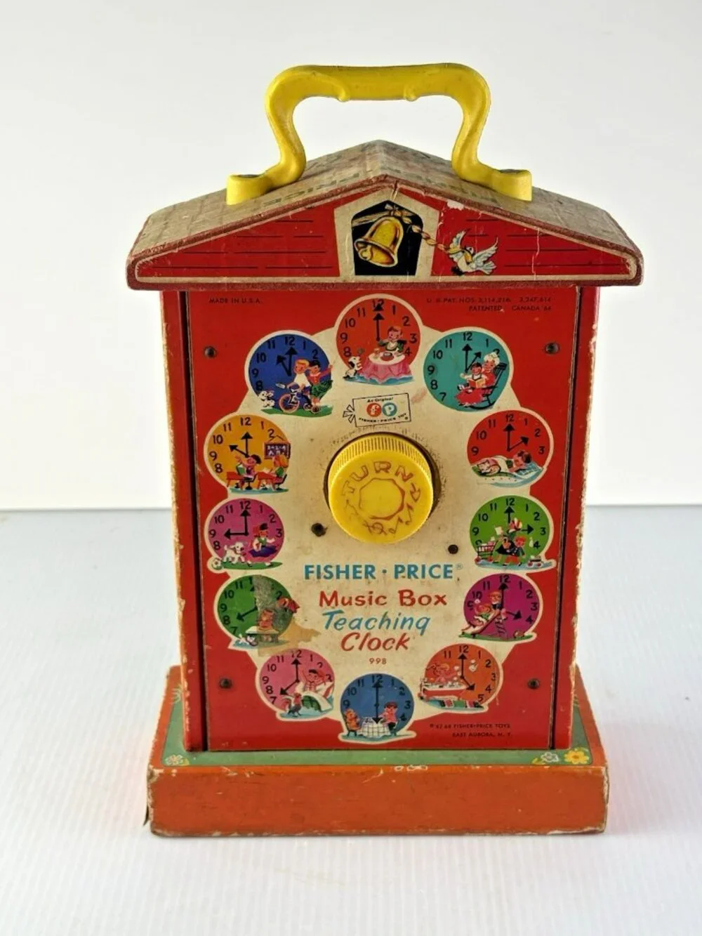 Vintage Fisher Price Music Box Teaching Clock 998 Wooden Toy As is